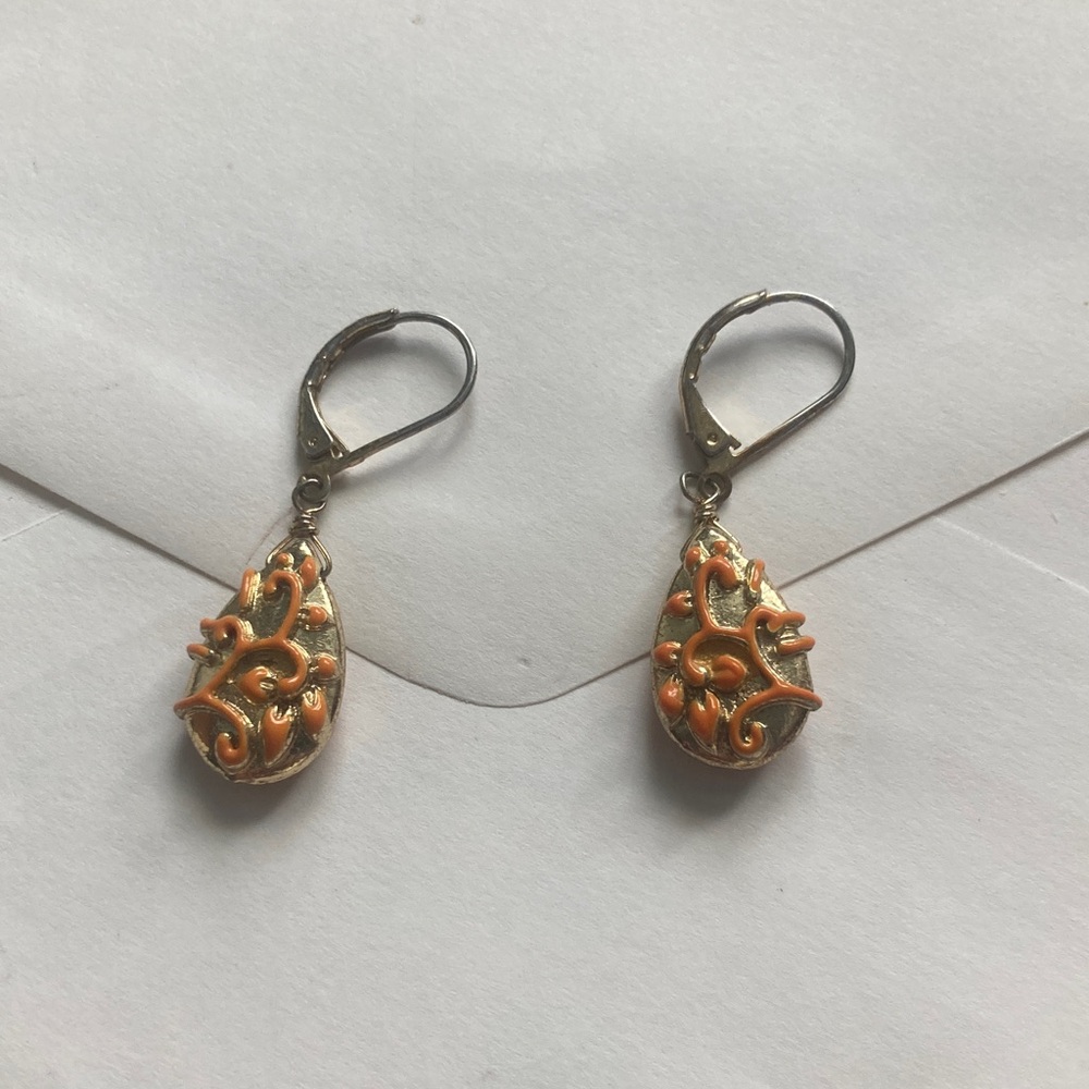 Orange and Gold Teardrop Earrings